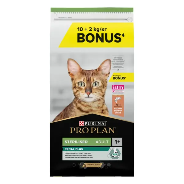 PURINA Pro Plan Renal Plus Sterilised , Somon, hrană uscată pisici sterilizate, 10 + 2kg GRATUIT