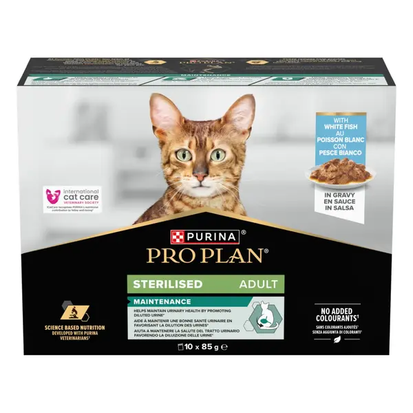 PURINA Pro Plan Sterilised Maintenance, Pește alb, plic hrană umedă pisici sterilizate, (în sos), bax, 85g x 10buc
