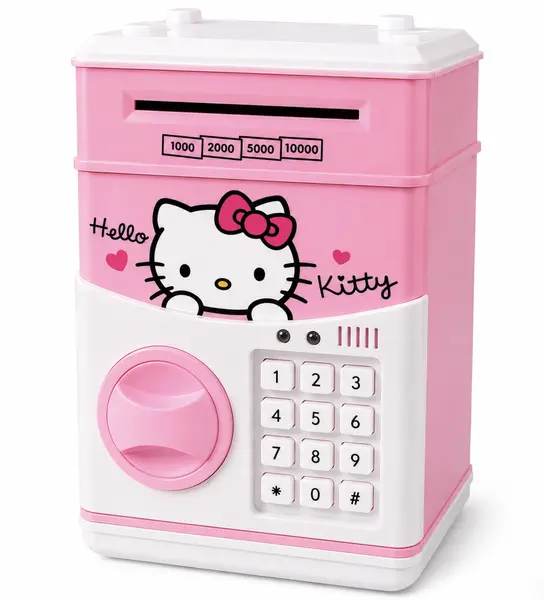 Pusculita pentru copii cu functie ATM cod pin si seif Roz/Alb Hello Kitty