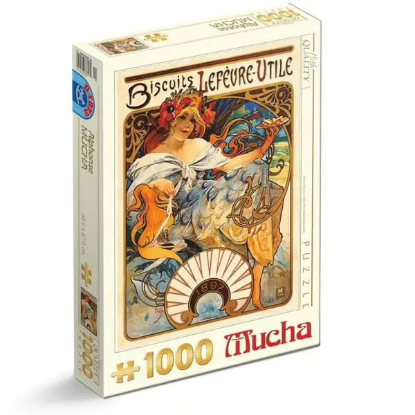 Puzzle 1000 Piese, Alphonse Mucha – Biscuits Lefevre-Utile, D-toys