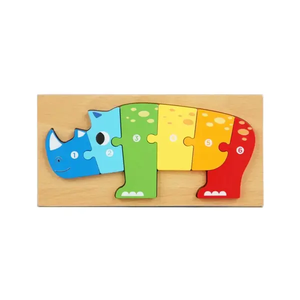 Puzzle 3D din lemn, 6-9 piese, 2 ani+ - Rinocer