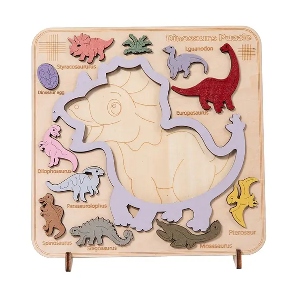 Puzzle 3D din lemn dinozauri - incastru cognitiv ZukiToys.ro