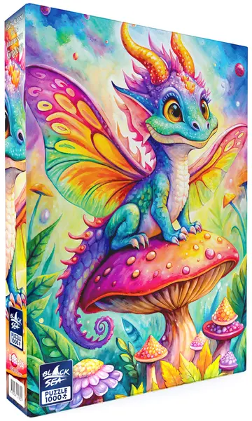 Puzzle Black Sea din 1000 piese - Un mic dragon în regatul ciuperci