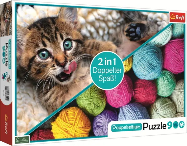 Puzzle cu două fețe Trefl din 900 piese - Pisicuță și ghem de lână