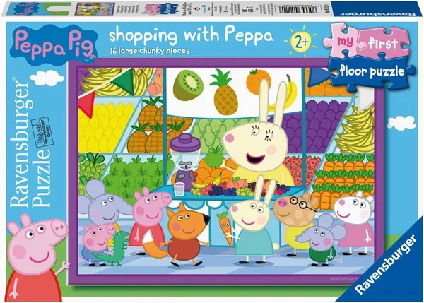 Puzzle de podea pentru copii Ravensburger din 16 piese - La piață cu Peppa Pig