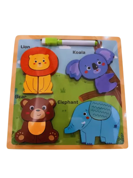 Puzzle din lemn 3D cu animale + tablita de desen cu marker - 16 piese