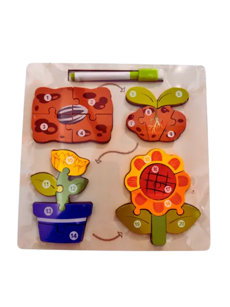 Puzzle din lemn 3D floare + tablita de desen cu marker - 20 piese
