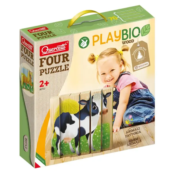 Puzzle din lemn 4 In 1, Quercetti, Animale Ferma, Play Bio, 6 piese