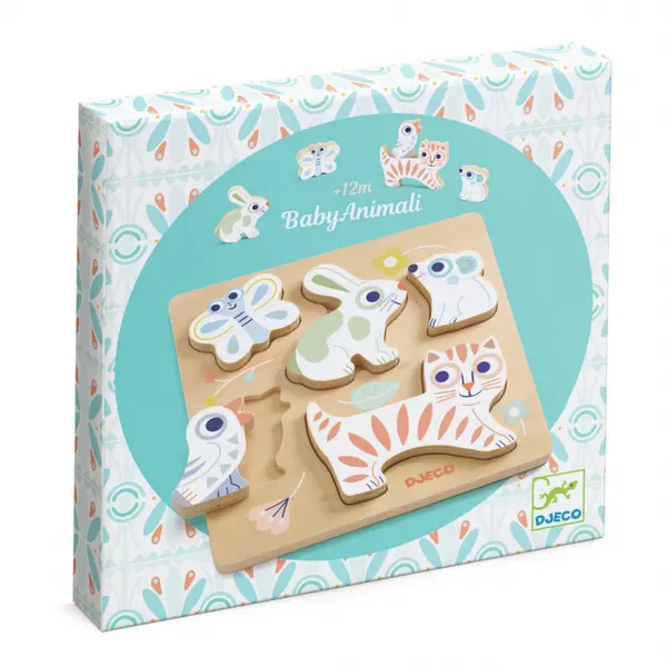 Puzzle din lemn Baby Animali cu 5 piese incastru,culori pastelate,21x21x2 cm,+12 luni