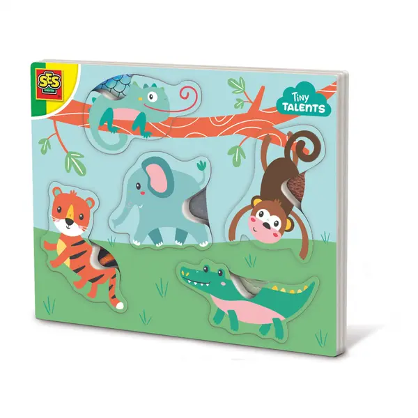 Puzzle din lemn cu animale si texturi tactile, jucarie educativa pentru copii mici