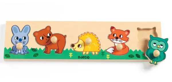 Puzzle din lemn, cu buton - Animale din padure | Djeco