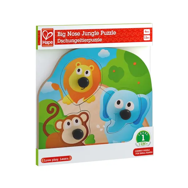 Puzzle din lemn cu butoni , Animale din jungla cu nas mare
