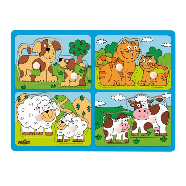 Puzzle din lemn cu butoni , Animale domestice E i puii lor