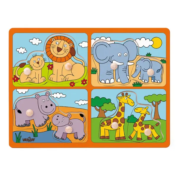 Puzzle din lemn cu butoni , Animale salbatice si puii lor