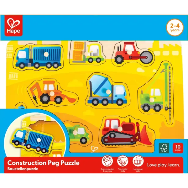 Puzzle din lemn cu butoni , Autovehicule de constructie (9 piese)