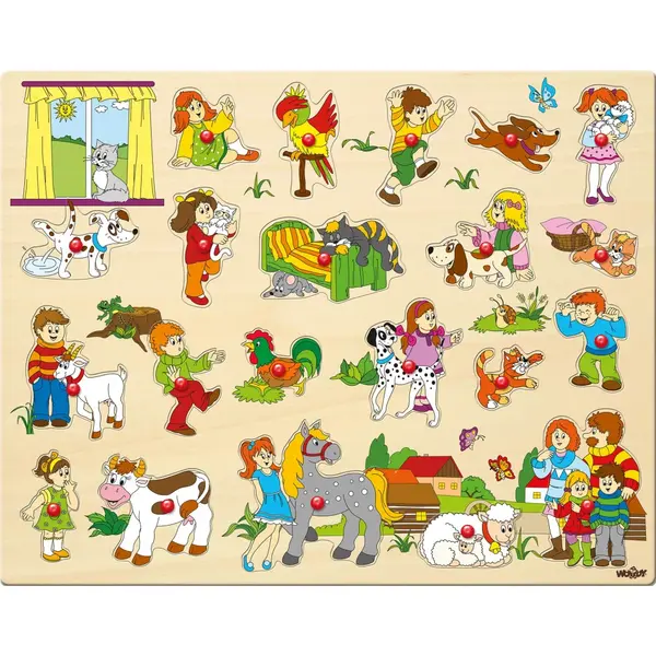 Puzzle din lemn cu butoni , Copii E i animale, 21 piese