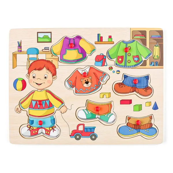 Puzzle din lemn cu butoni , Imbraca-l pe Sebastian, joc educativ