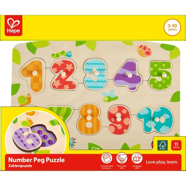 Puzzle din lemn cu butoni , Numere (1, 10)