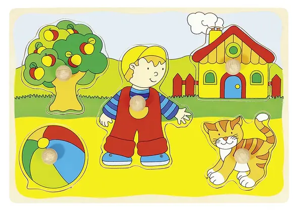 Puzzle din lemn cu manere Goki - Casa, pisica, baiat si minge