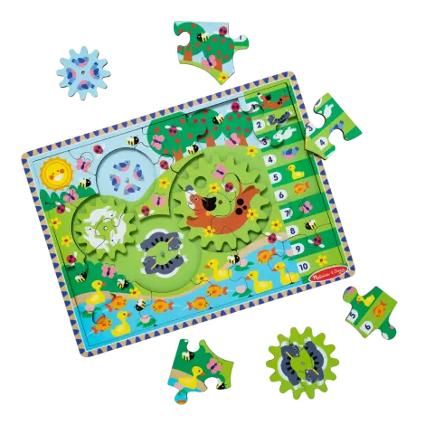 Puzzle din lemn cu rotite dintate pentru invatarea numararii prin joaca Animale vesele