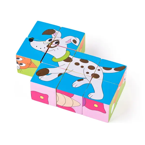 Puzzle din lemn cuburi , Animale colorate (6 imagini)