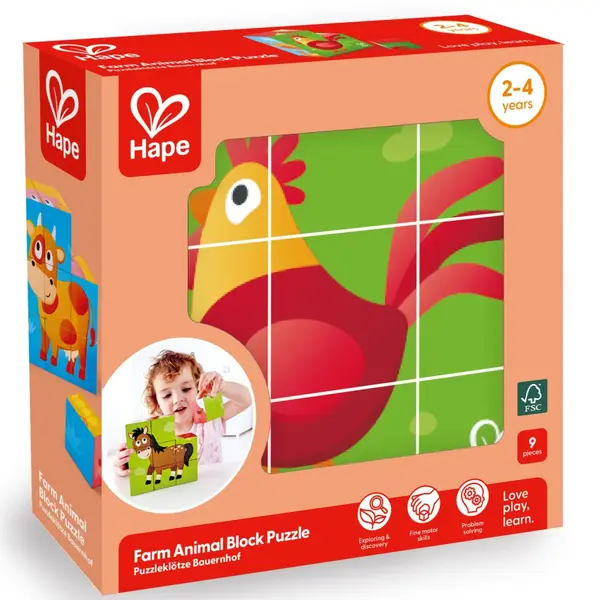 Puzzle din lemn cuburi , Animale de la ferma 3 x 3 (6 imagini)