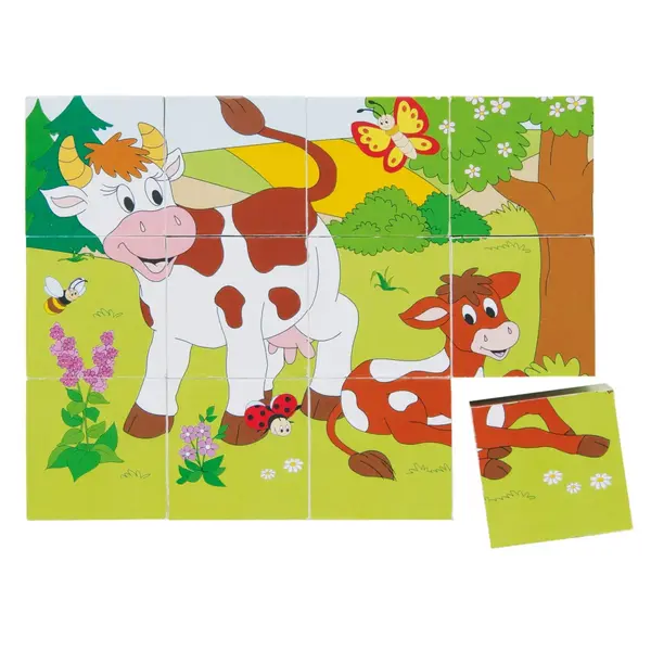 Puzzle din lemn cuburi , Ferma 3x4, imagini educative