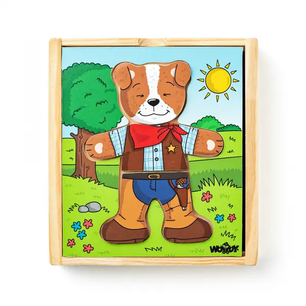 Puzzle din lemn , Imbraca catelul, joc educativ cu 18 piese