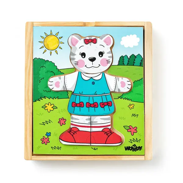 Puzzle din lemn , Imbraca pisica, joc educativ cu 18 piese