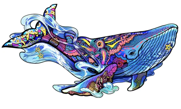 Puzzle din lemn multicolorat - Balena albastra, 125 piese | Eureka