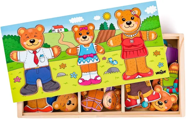 Puzzle din lemn pentru copii Woody din 54 piese - Îmbrăcați urșii
