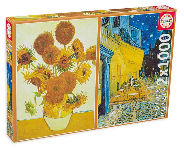 Puzzle Educa din 2 x 1000 de piese - Vincent van Gogh, Sunflowers and Café Terrace at Night