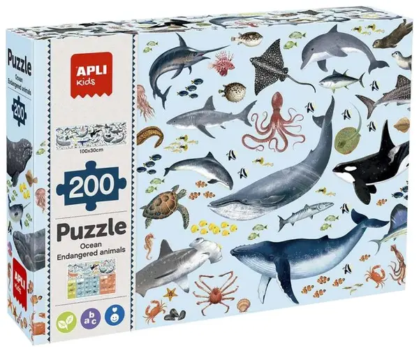 Puzzle educațional Apli Kids - Animale pe cale de dispariție în ocean, 200 piese