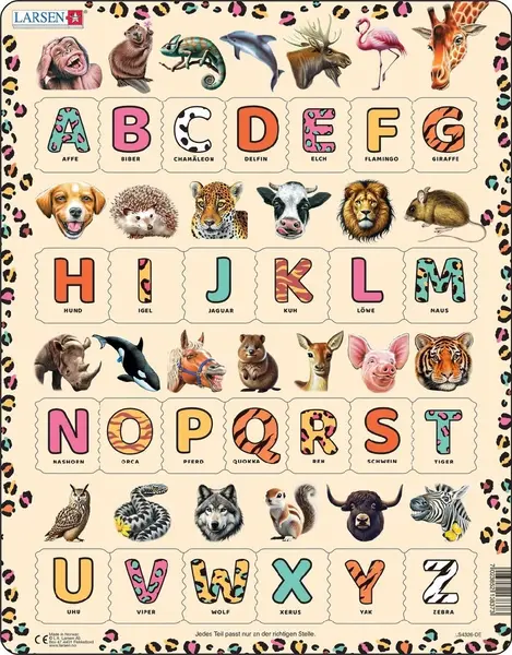 Puzzle educațional Larsen din 26 piese - Alfabetul animalelor în limba germană