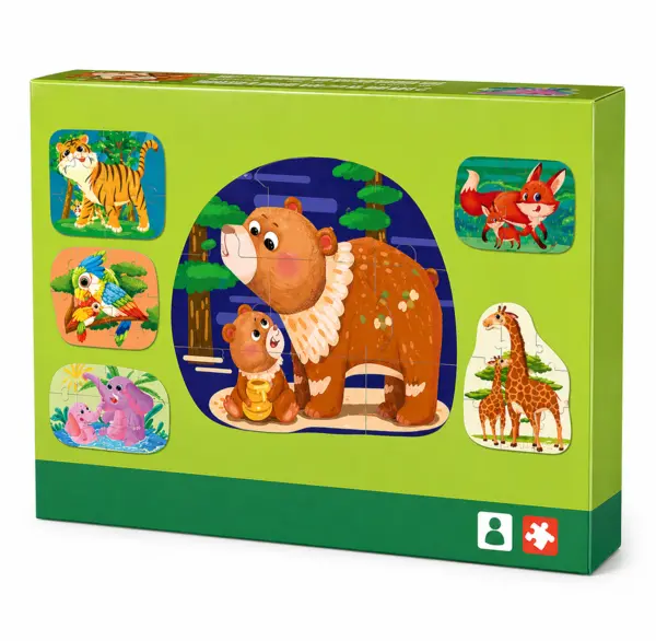 Puzzle educativ cu animale salbatice - set progresiv cu 5 modele colorate