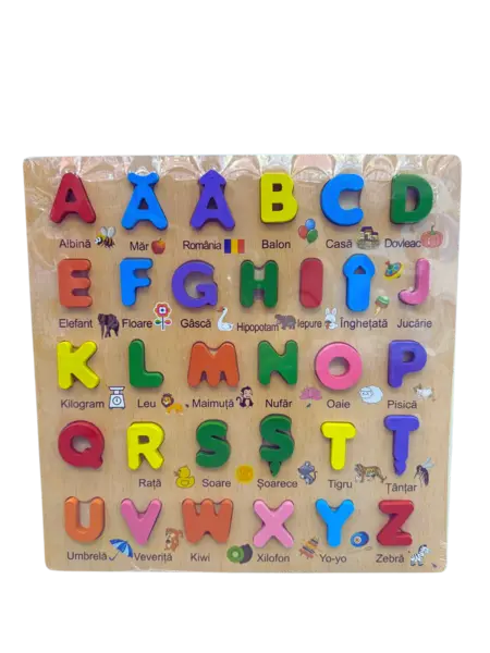 Puzzle educativ din lemn cu alfabet (litere mari, ilustratii si cuvinte)
