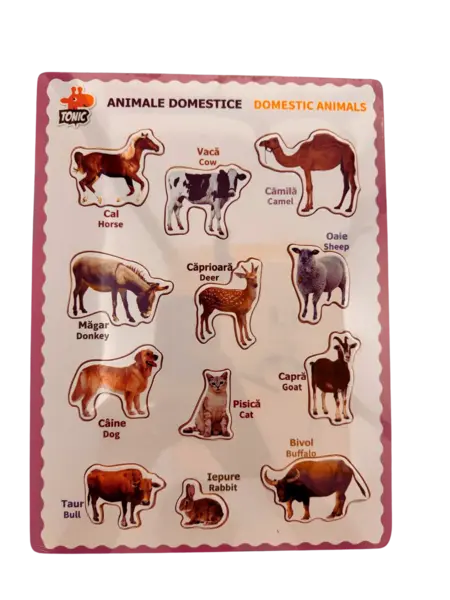 Puzzle educativ din lemn cu animale domestice - denumiri in romana si engleza, stil Montessori