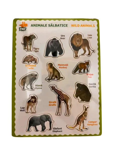 Puzzle educativ din lemn cu animale salbatice - denumiri in romana si engleza, stil Montessori