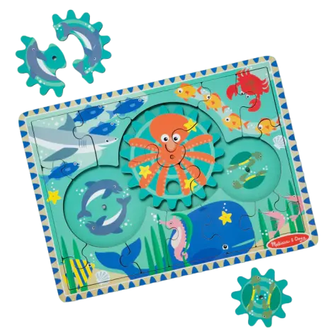 Puzzle educativ din lemn, cu rotite dintate, Oceanul, 8 piese, pentru copii 3 ani+, Melissa&Doug 31003
