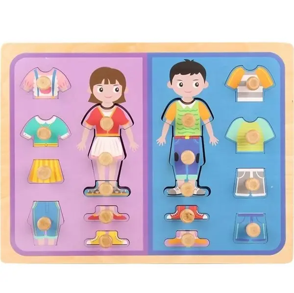 Puzzle educativ din lemn ,Imbraca copiii cu butoni si haine interschimbabile