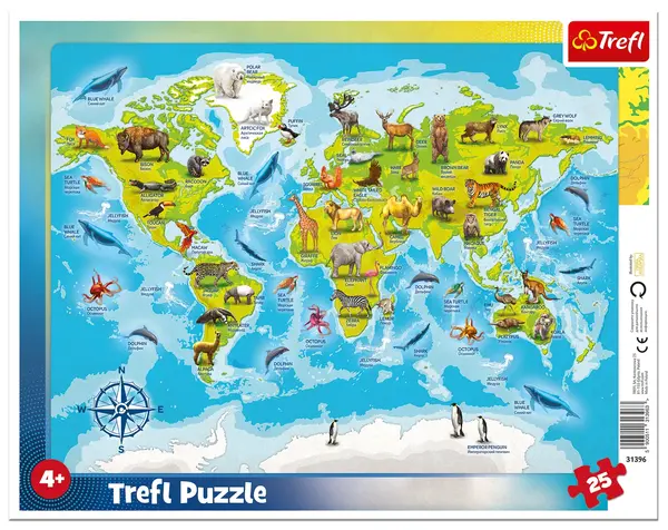Puzzle în ramă Trefl de 25 piese - Harta lumii cu animale