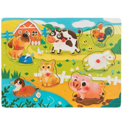 Puzzle incastru cu butoni din lemn Animale domestice-7 piese