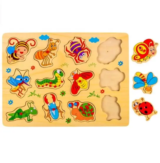 Puzzle incastru cu butoni din lemn Insecte-12 piese