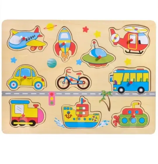 Puzzle incastru cu butoni din lemn Vehicule transport-10 piese