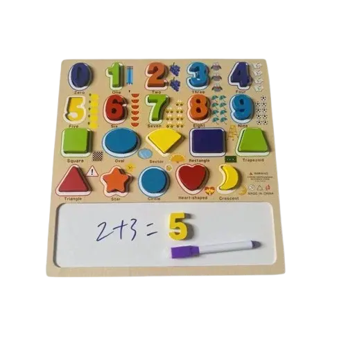 Puzzle incastru cu numere, forme si mini tablita de scris si marker, lemn, 30x30 cm