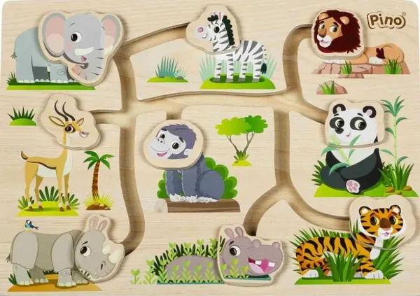 Puzzle-labirint din lemn cu joc de logica Pino - Animale salbatice