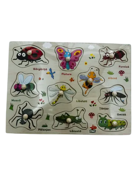 Puzzle lemn incastru Insecte 10 piese cu maner - in limba romana