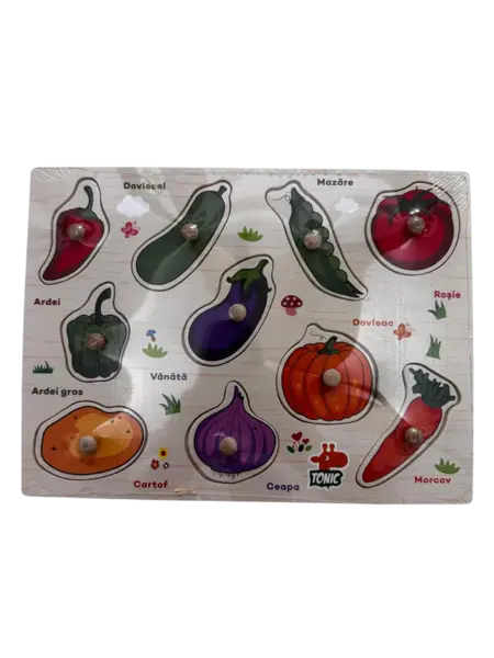 Puzzle lemn incastru Legume 10 piese cu maner - in limba romana