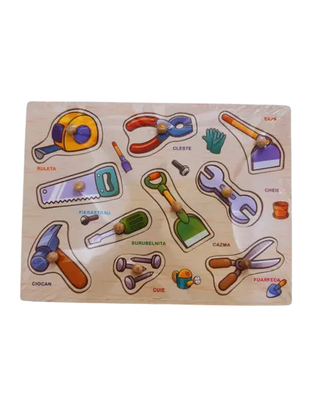 Puzzle lemn incastru Unelte 10 piese cu maner - in limba romana