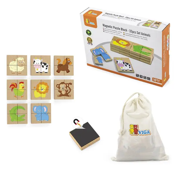 Puzzle magnetic din lemn, 32 piese - Animale | Viga Toys